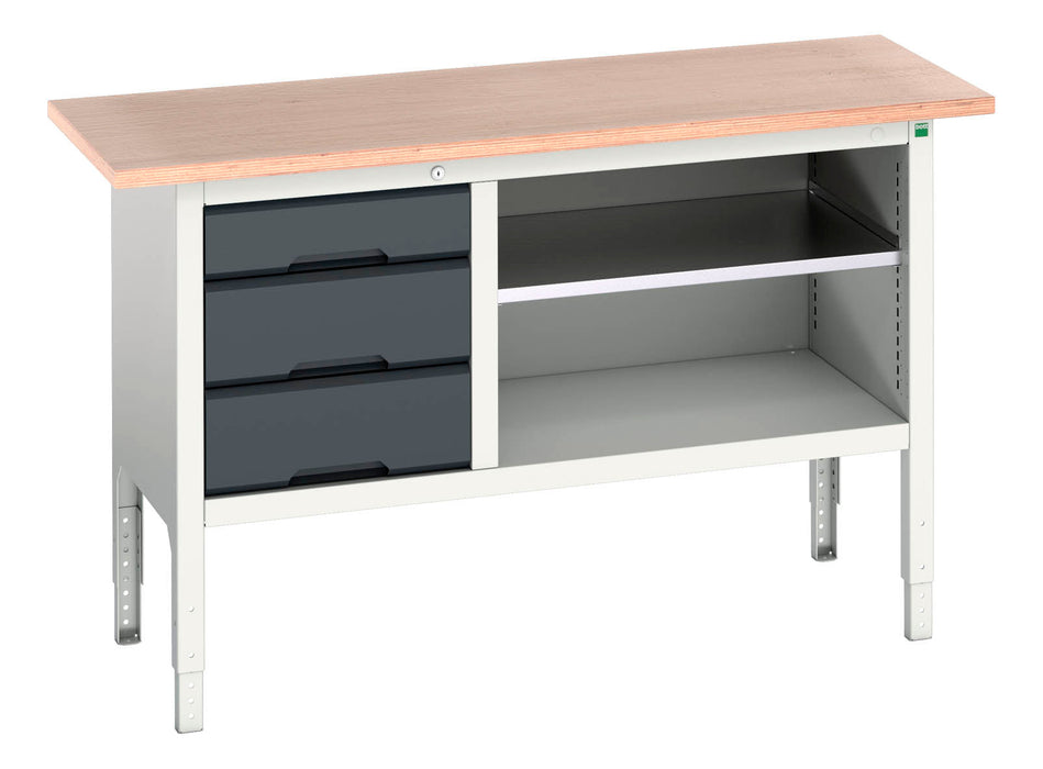 Bott Verso Adjustable Height Storage Bench (Mpx) With 3 Drawer Cab / Mid Shelf (WxDxH: 1500x600x830-930mm) - Part No:16923012