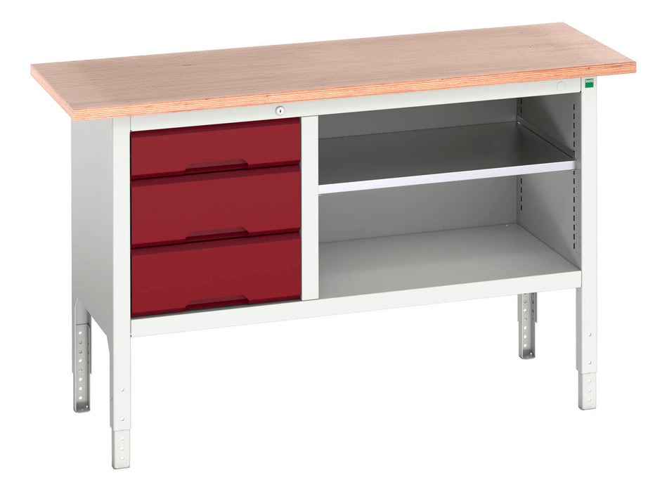 Bott Verso Adjustable Height Storage Bench (Mpx) With 3 Drawer Cab / Mid Shelf (WxDxH: 1500x600x830-930mm) - Part No:16923012