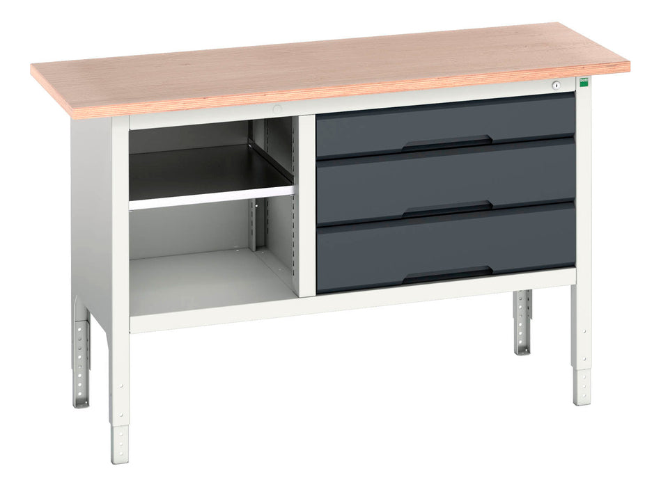 Bott Verso Adjustable Height Storage Bench (Mpx) With Mid Shelf / 3 Drawer Cab (WxDxH: 1500x600x830-930mm) - Part No:16923013