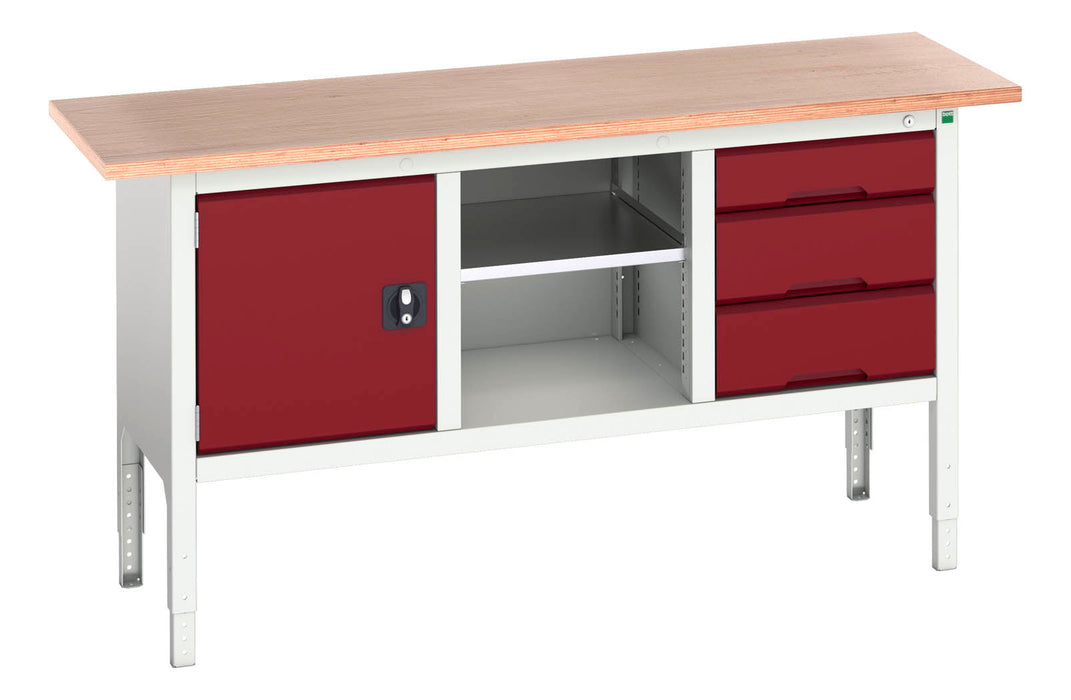 Bott Verso Adjustable Height Storage Bench (Mpx) With Cupboard / Mid Shelf / 3 Drawer Cab (WxDxH: 1750x600x830-930mm) - Part No:16923020