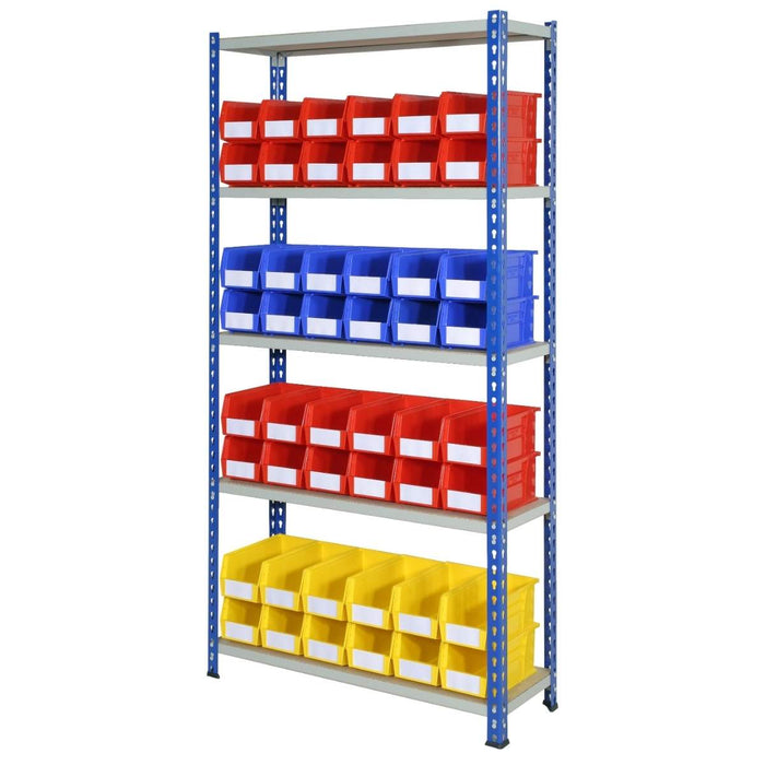 SAC J Rivet Racking Bay 1830mm H x 915mm W x 305mm D c/w 5 Shelf Levels - Blue & Grey c/w 48 x ARTB30 Plastic Bins