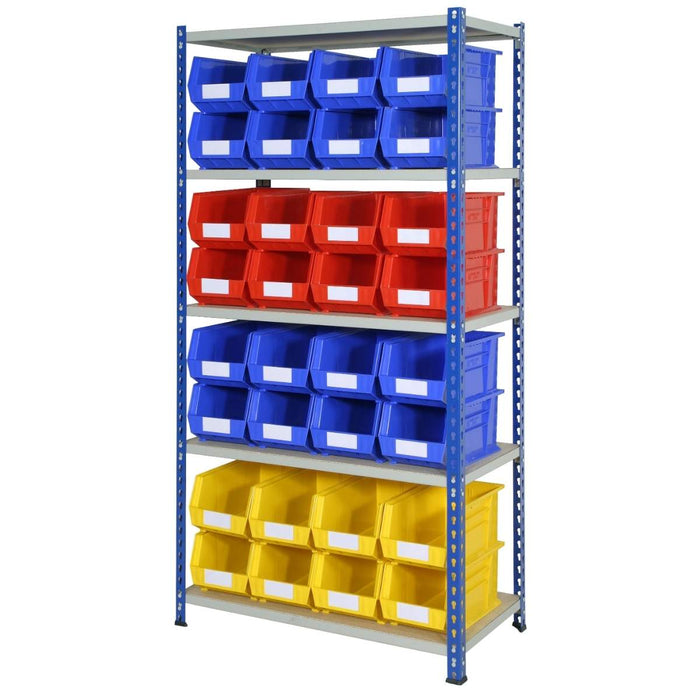 SAC J Rivet Racking Bay 1830mm H x 915mm W x 457mm D c/w 5 Shelf Levels - Blue & Grey c/w 32 x ARTB40 Plastic Bins