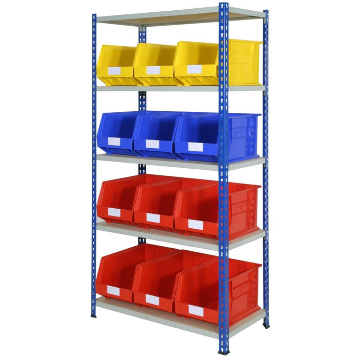 SAC J Rivet Racking Bay 1830mm H x 915mm W x 457mm D c/w 5 Shelf Levels - Blue & Grey c/w 12 x ARTB50 Plastic Bins