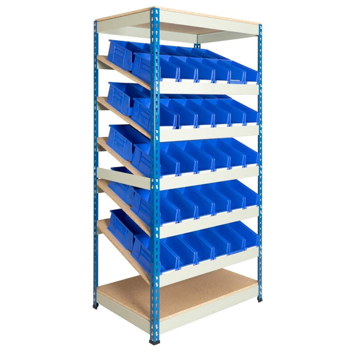 SAC Rivet Kanban Shelving Bay with 5 x Sloping Shelves and 60 x ARTB30 Plastic Bins - Height: 1830mm
