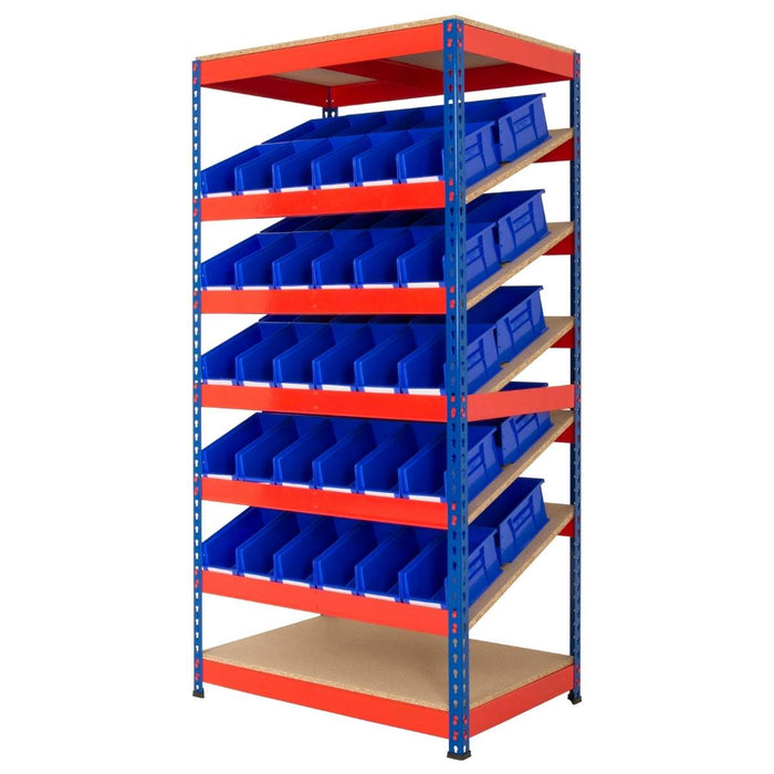 SAC Rivet Kanban Shelving Bay with 5 x Sloping Shelves and 60 x ARTB30 Plastic Bins - Height: 1830mm
