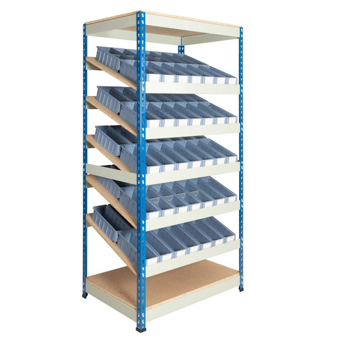 SAC Rivet Kanban Shelving Bay with 5 x Sloping Shelves & 70 x ST3109 Shelf Trays - Height: 1830mm