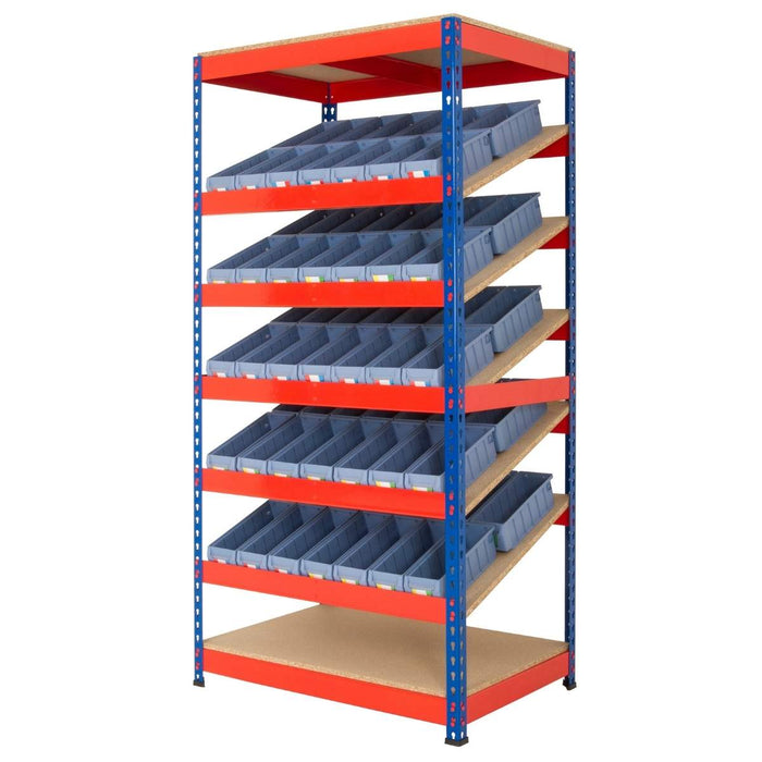 SAC Rivet Kanban Shelving Bay with 5 x Sloping Shelves & 70 x ST3109 Shelf Trays - Height: 1830mm
