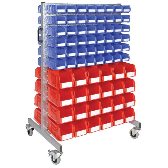 SAC Double Sided Louvre Rack Trolley 1400mm H x 930mm W x 710mm D c/w 4 x Louvre Panels & 144 x Assorted Plastic bins
