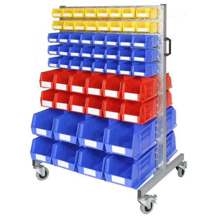 SAC Double Sided Louvre Rack Trolley 1400mm H x 930mm W x 710mm D c/w 4 x Louvre Panels & 120 x Assorted Plastic bins