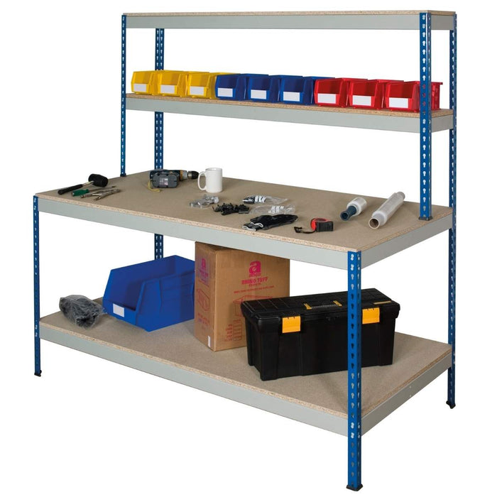 SAC Rivet Workstation with Chipboard Top, Full Depth Chipboard Undershelf and  2 x Upper Shelves - Height: 1830mm