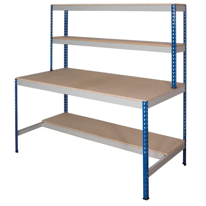 SAC Rivet Workstation with Chipboard Top, Half Depth Chipboard Undershelf and  2 x Upper Shelves - Height: 1830mm