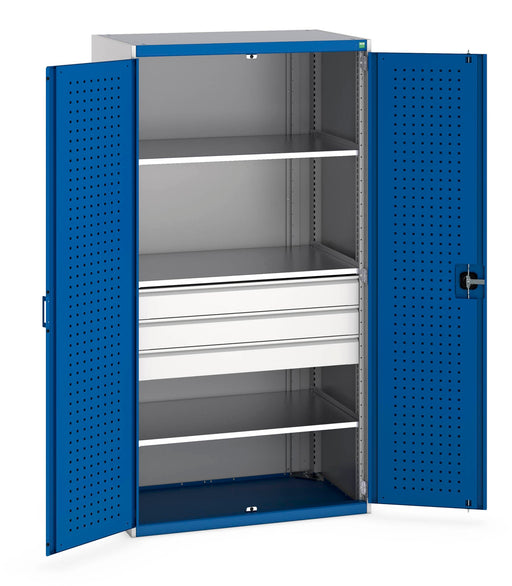 Cubio Cupboard With Perfo Doors & 3 Drawers, 3 Shelves (WxDxH: 1050x650x2000mm) - Part No:40021109