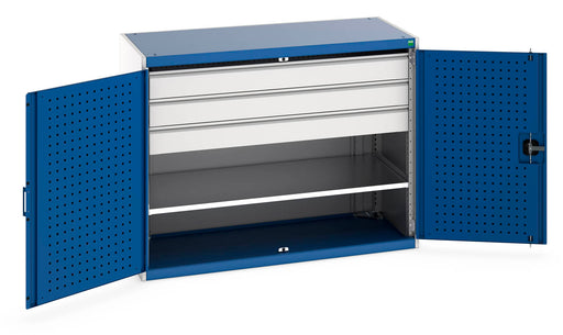 Cubio Cupboard With Perfo Doors, 1 Shelf, 3 Drawers (WxDxH: 1300x650x1000mm) - Part No:40022085